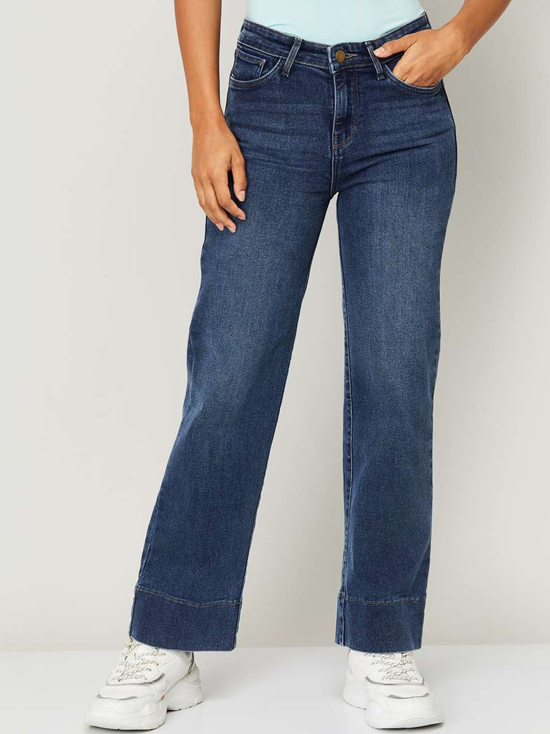 

Xpose Women Navy Blue Comfort Wide Leg High-Rise Light Fade Stretchable Jeans