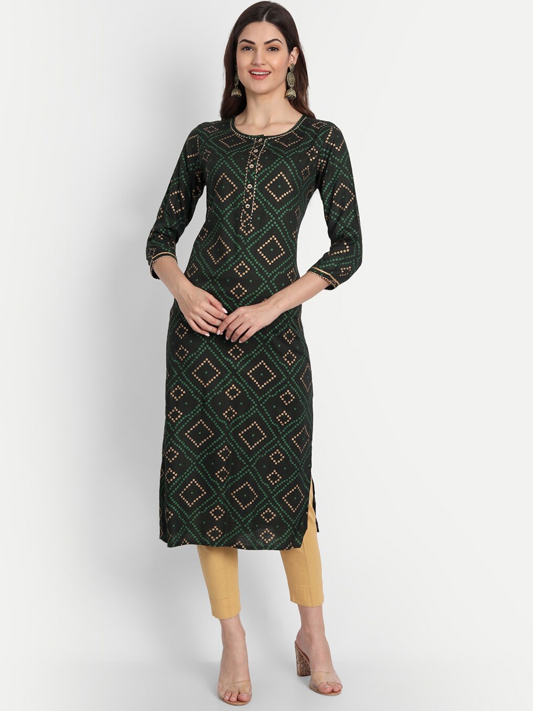 

fabGLOBAL Women Green Bhandani Printed Kurta