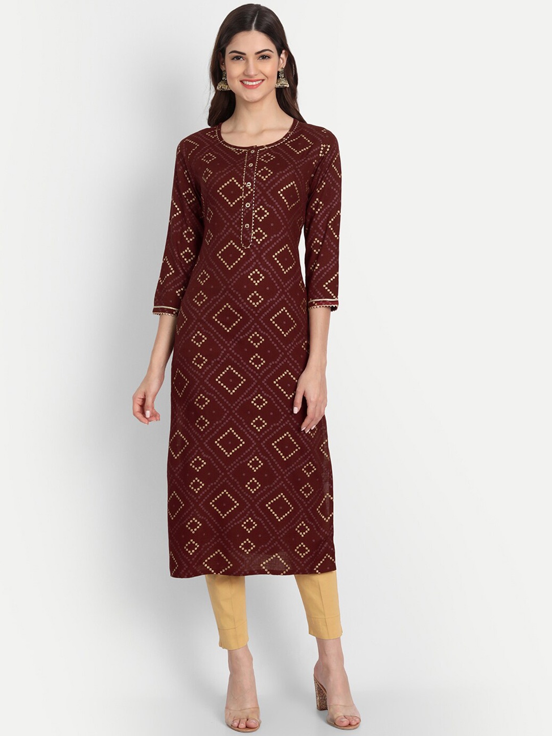 

fabGLOBAL Women Maroon Geometric Printed Kurta