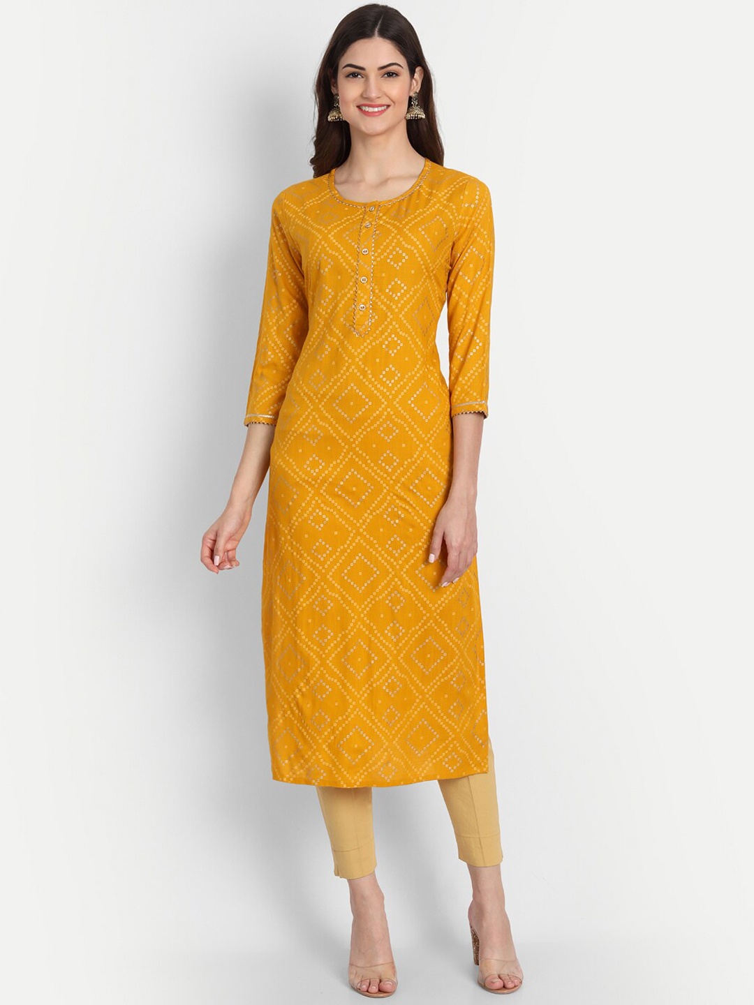

fabGLOBAL Women Mustard Yellow Ethnic Motifs Printed Kurta