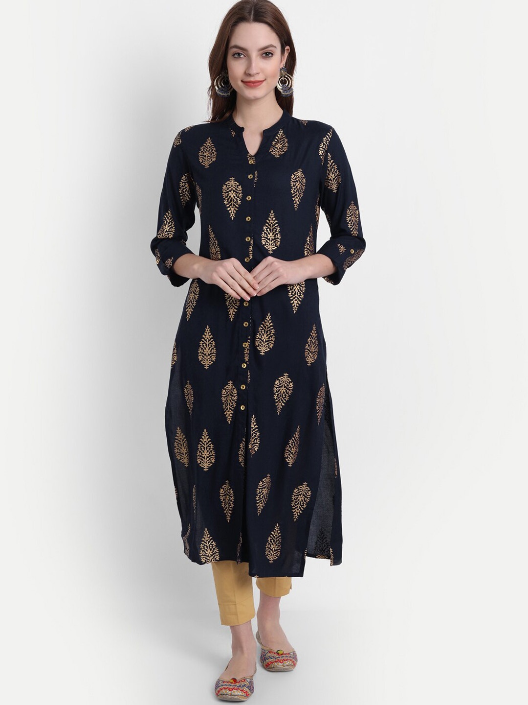 

fabGLOBAL Women Navy Blue Ethnic Motifs Printed Keyhole Neck Kurta