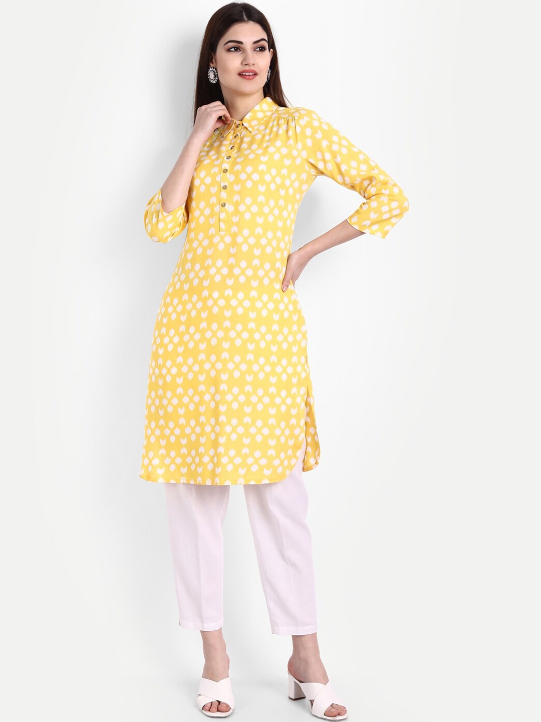 

fabGLOBAL Women Yellow Floral Printed Thread Work Kurta