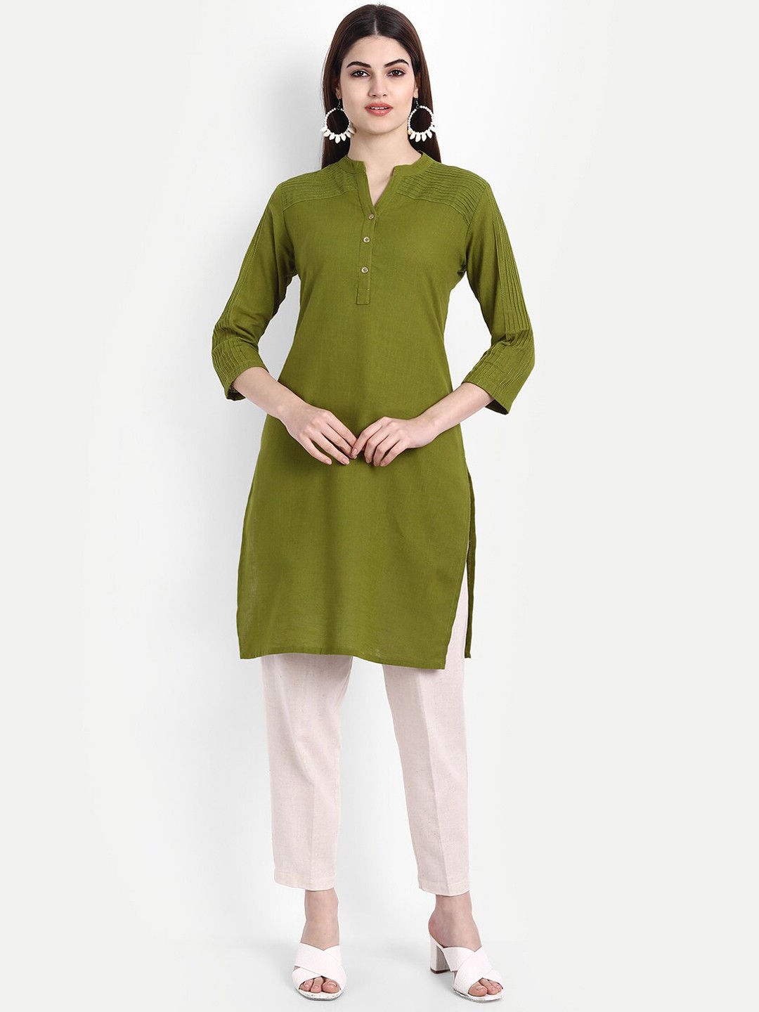 

fabGLOBAL Women Olive Green Thread Work Kurta