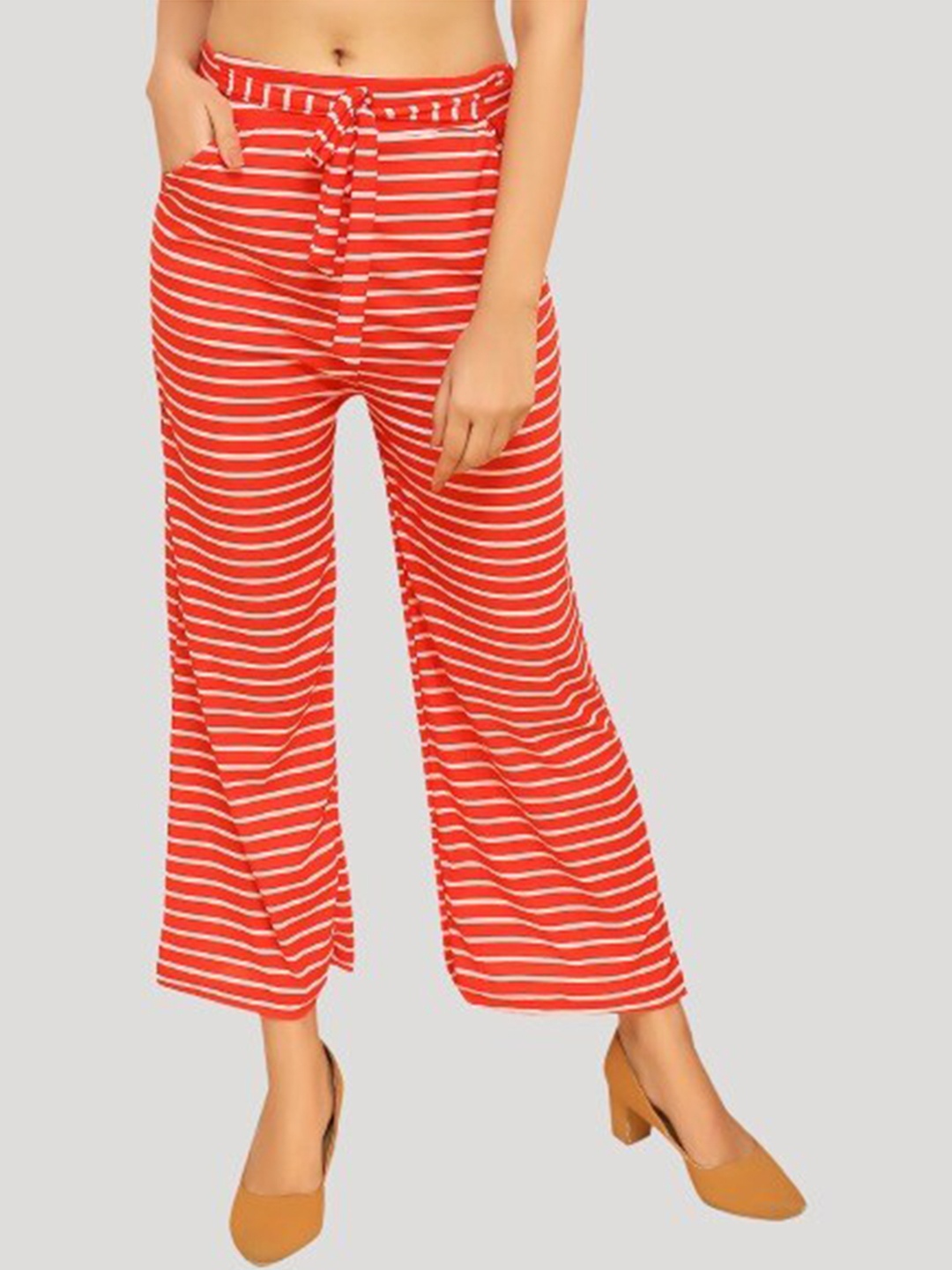 

FNOCKS Girls Red & White Striped Cotton Lounge Pants
