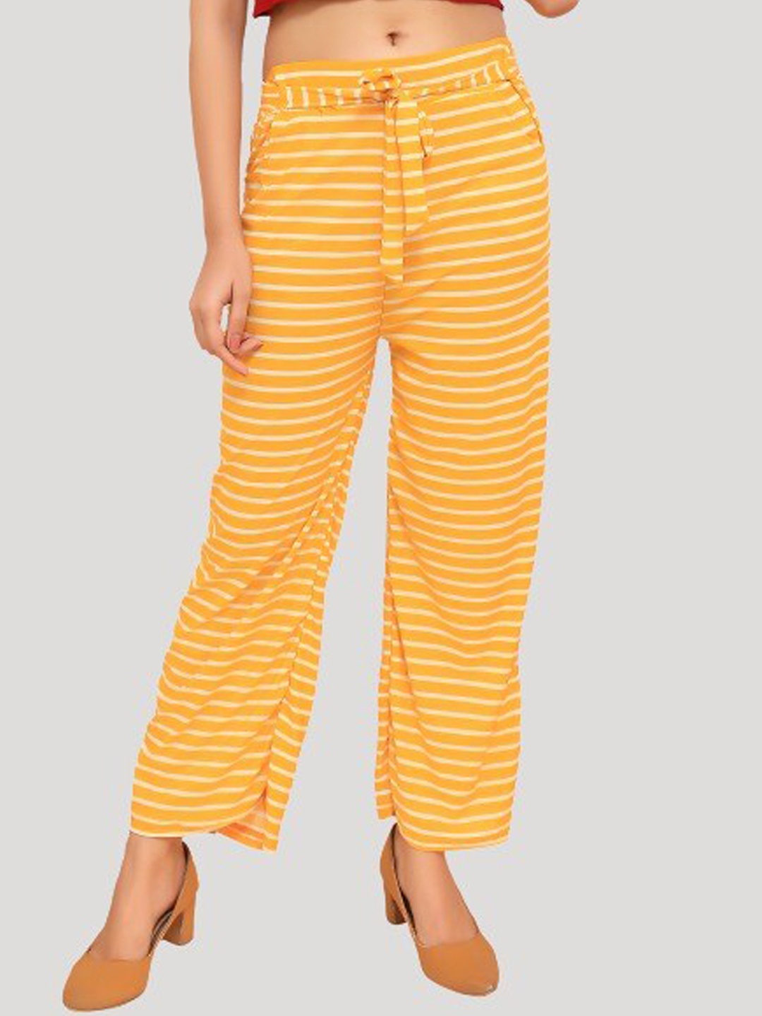 

FNOCKS Girls Yellow Striped Straight Fit Trousers