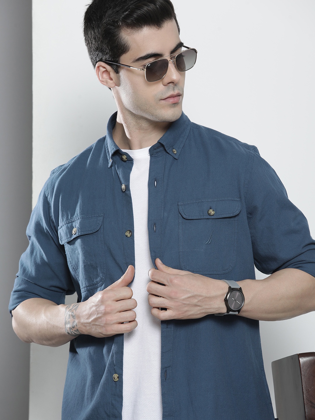 

Nautica Men Blue Solid Pure Cotton Classic Casual Shirt