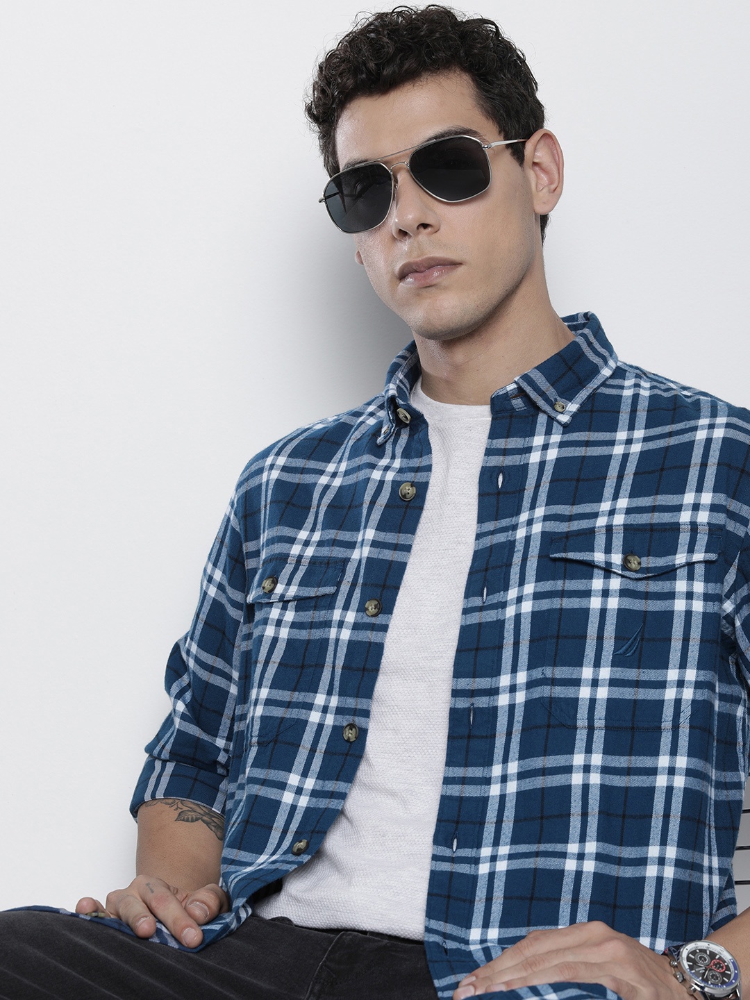 

Nautica Men Blue Classic Tartan Checked Pure Cotton Casual Shirt