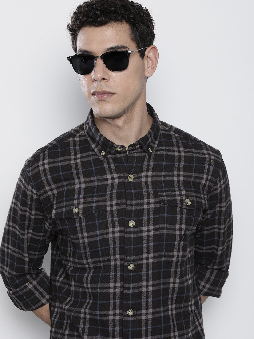 

Nautica Men Black Classic Tartan Checked Pure Cotton Casual Shirt