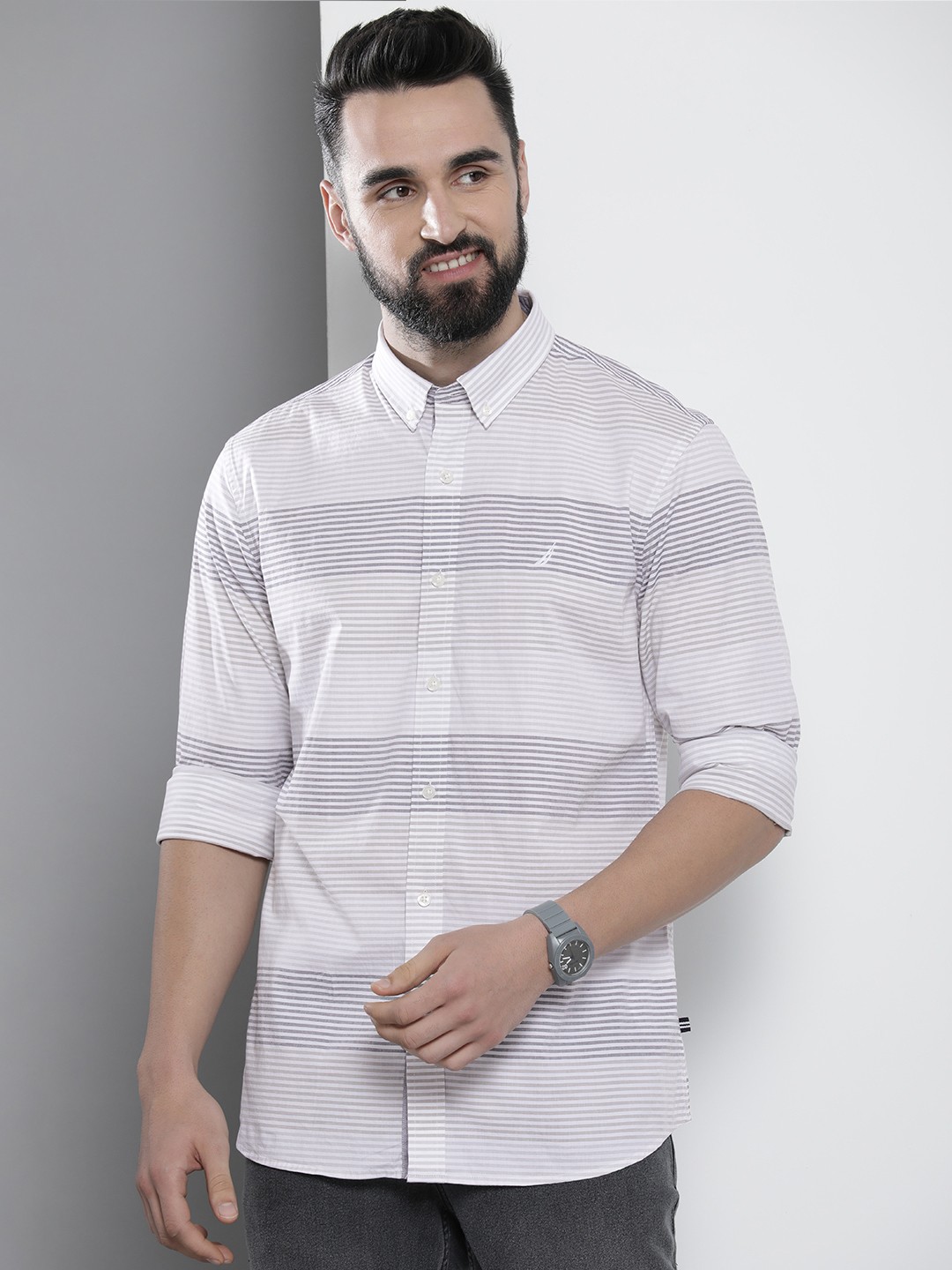 

Nautica Men Slim Fit Multi Stripes Opaque Stretchable Casual Shirt, Beige
