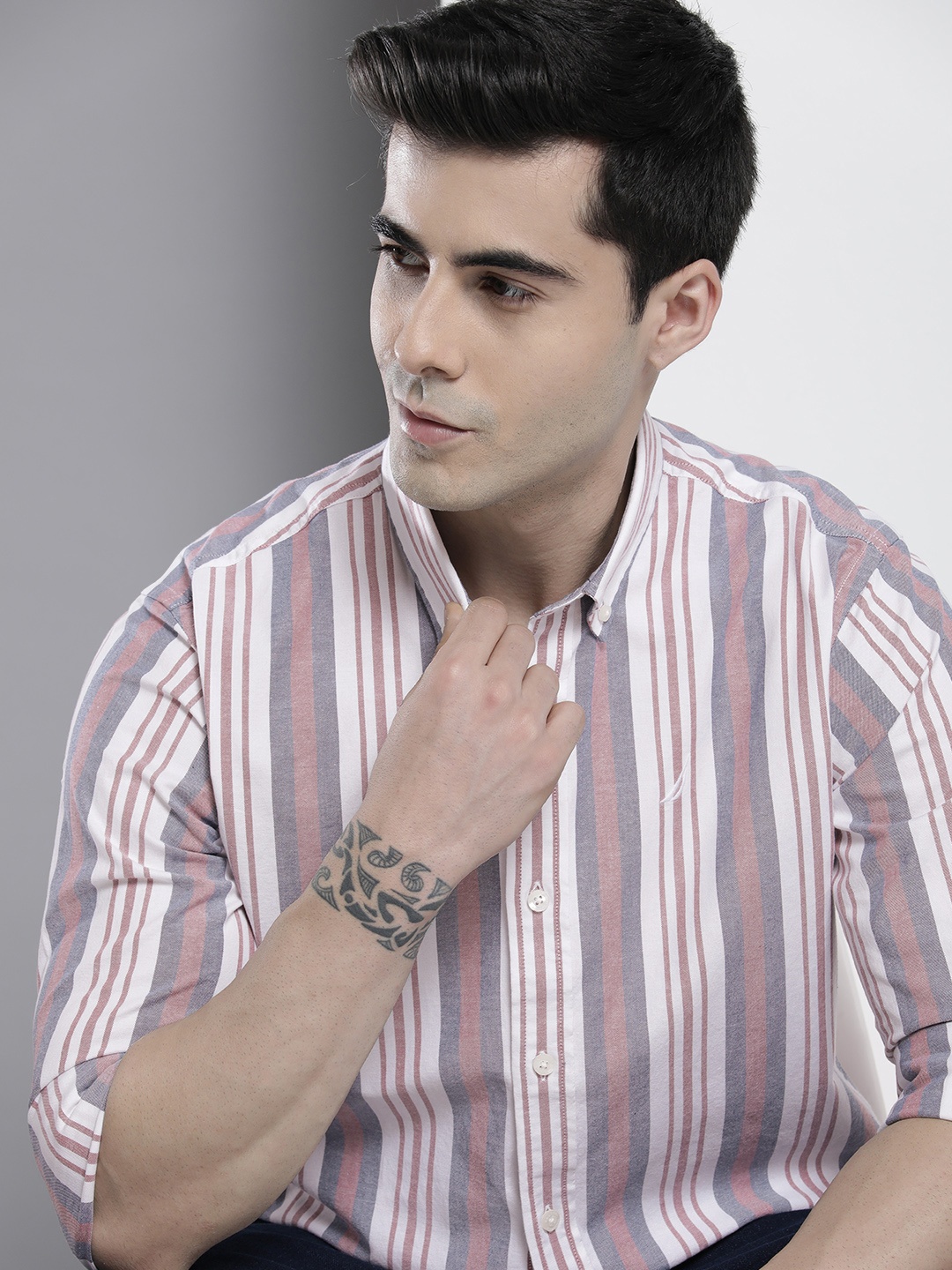 

Nautica Men Rust Red And Blue Classic Fit Striped Casual Shirt