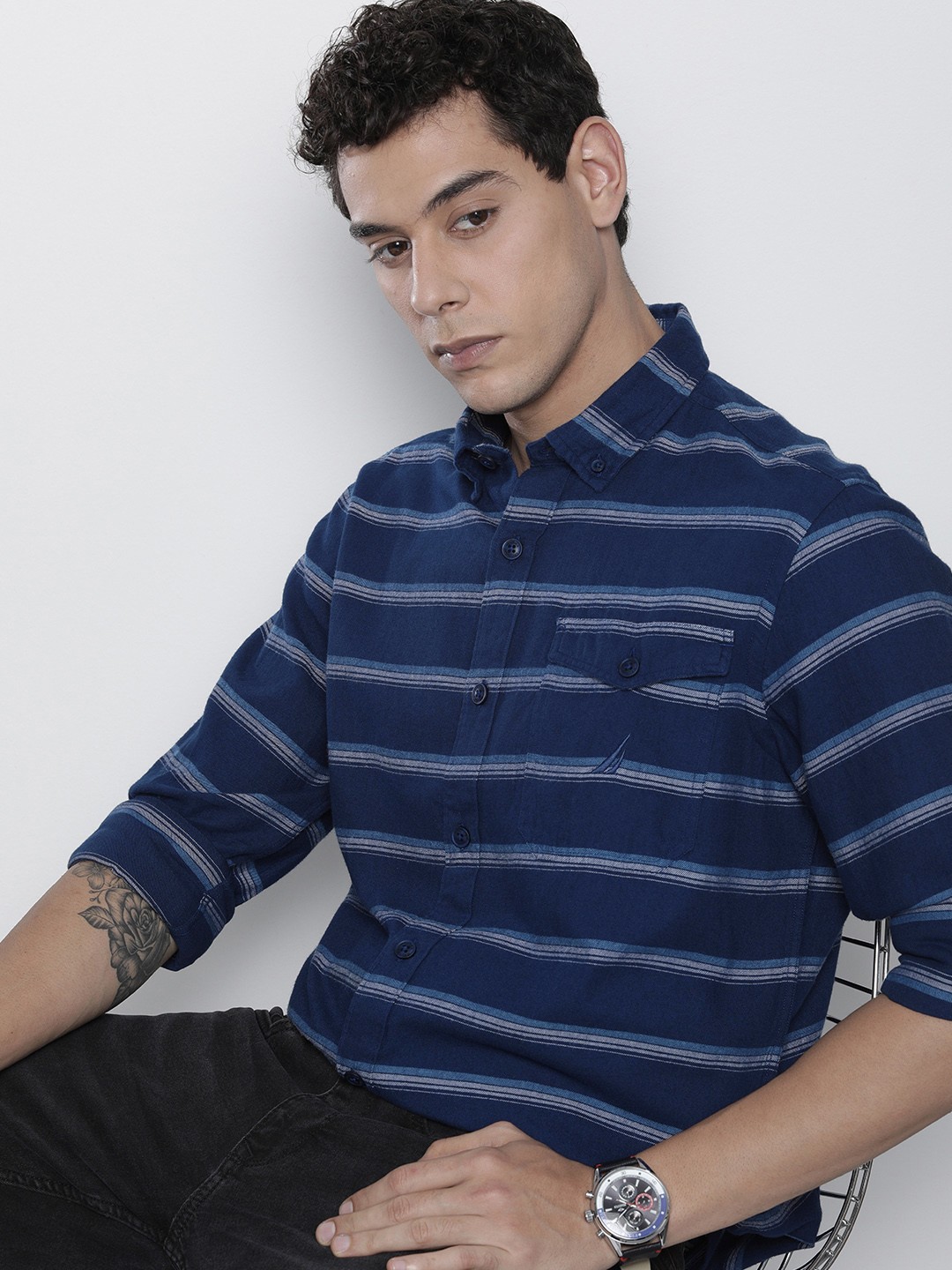 

Nautica Men Navy Blue Classic Horizontal Striped Pure Cotton Casual Shirt