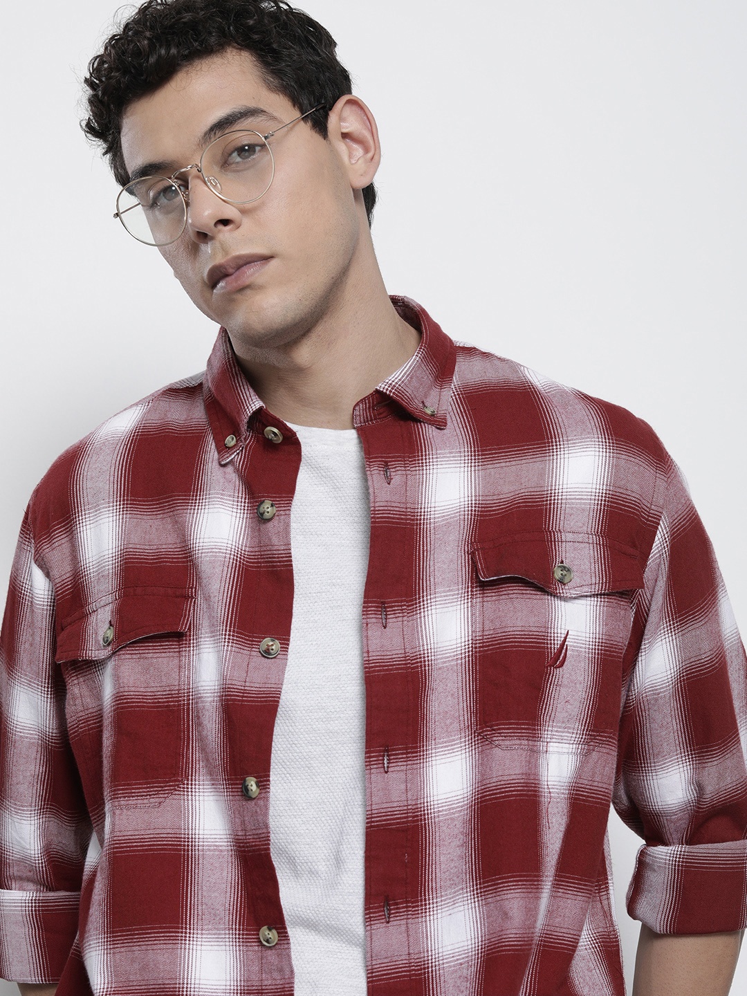 

Nautica Men Red Classic Tartan Checked Pure Cotton Casual Shirt
