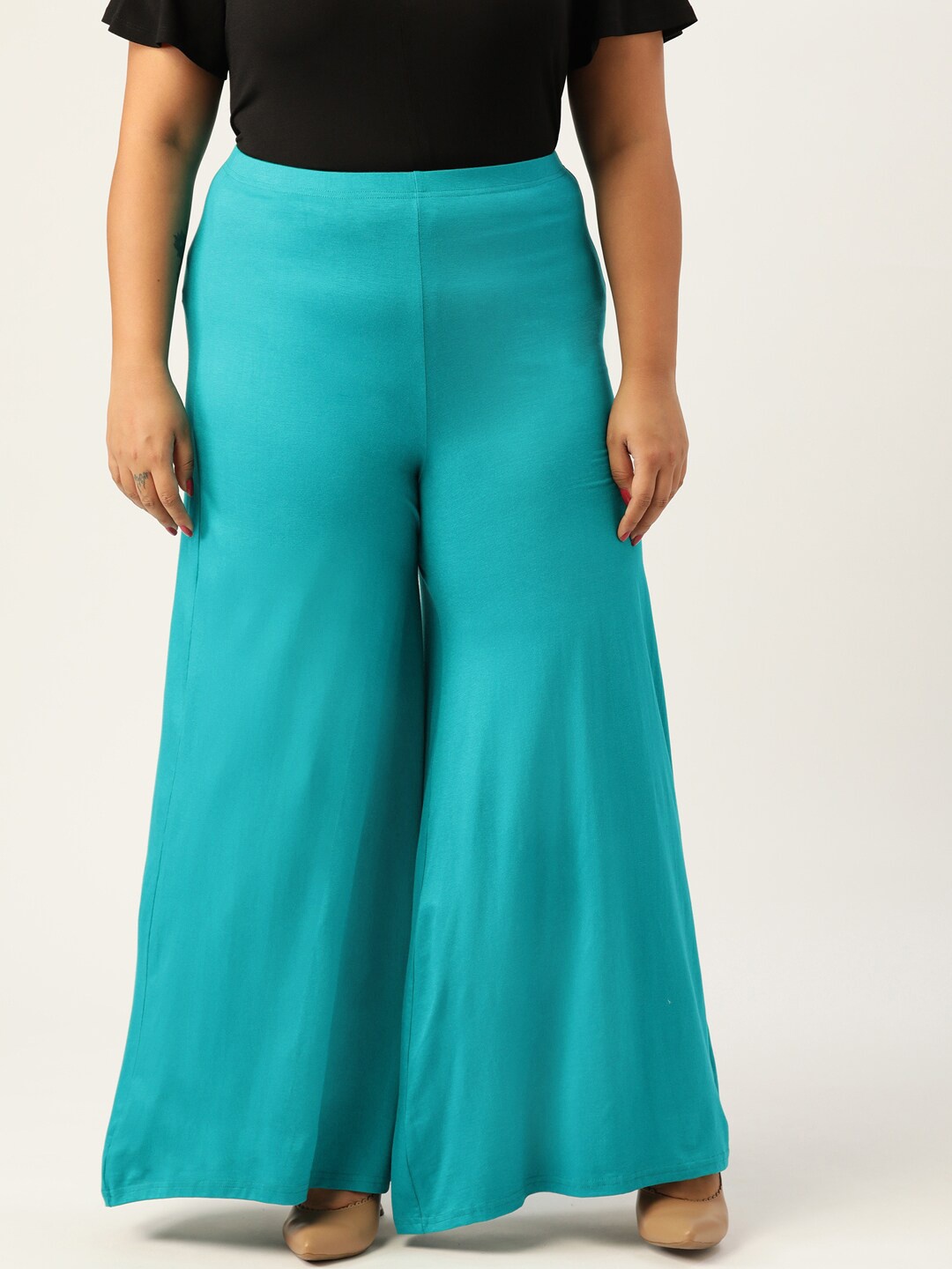 

theRebelinme Plus Size Women Turquoise Blue Flared Knitted Palazzos