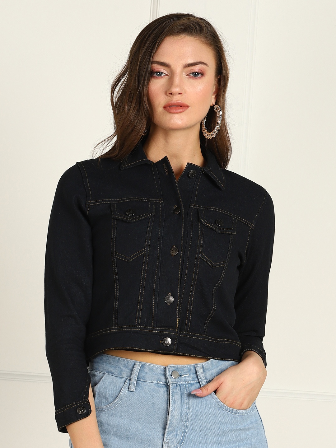 

MONTREZ Women Black Crop Retro Denim Jacket