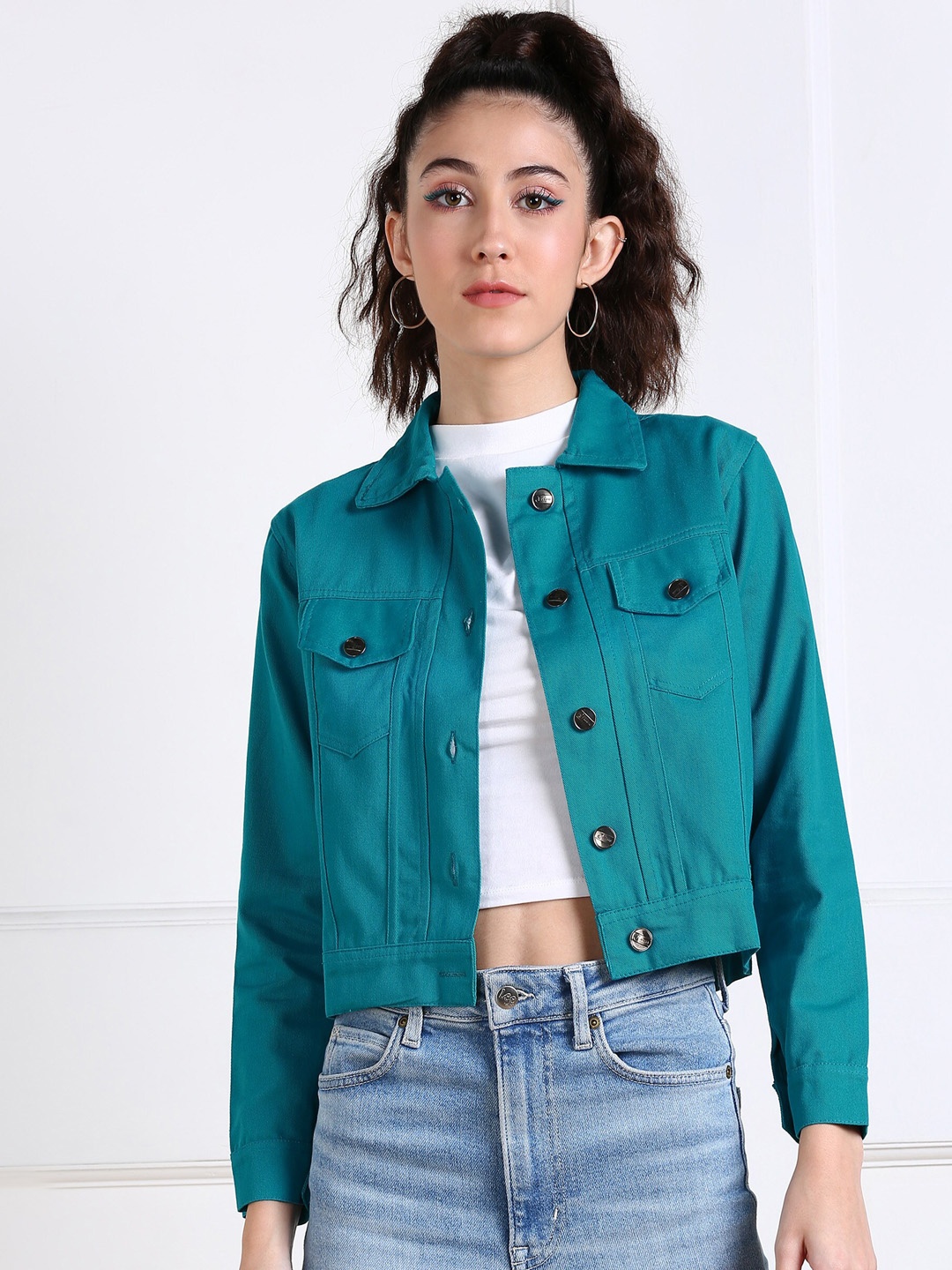 

MONTREZ Women Turquoise Blue Crop Tailored Jacket