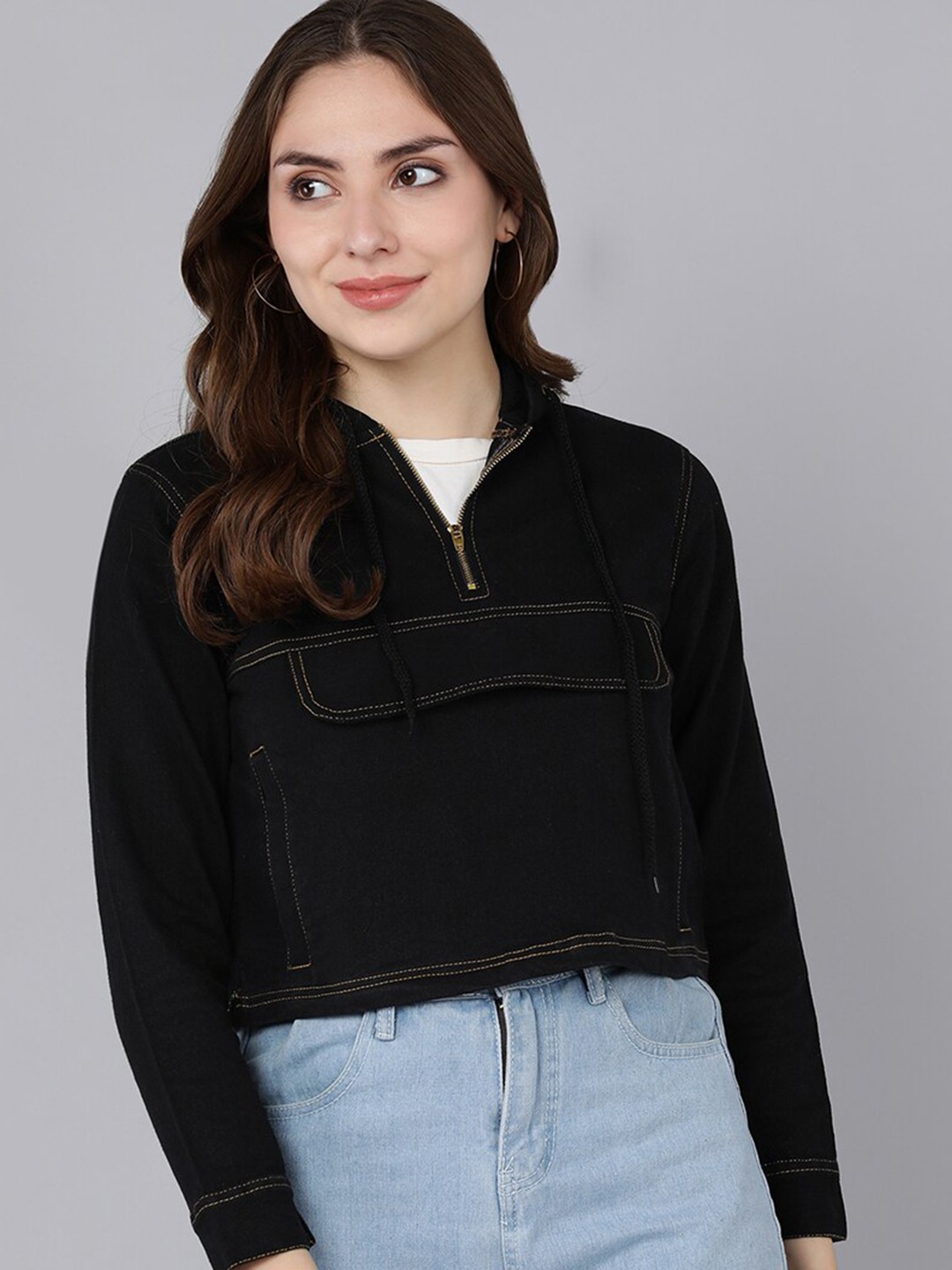 

MONTREZ Women Black Crop Denim Jacket