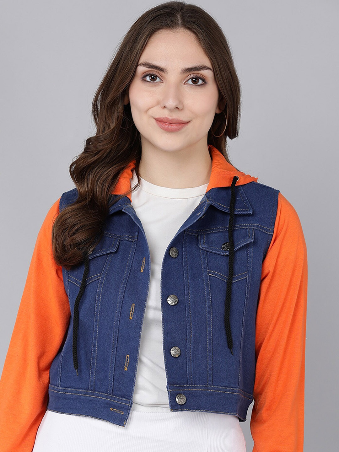 

MONTREZ Women Blue & Orange Crop Denim Jacket