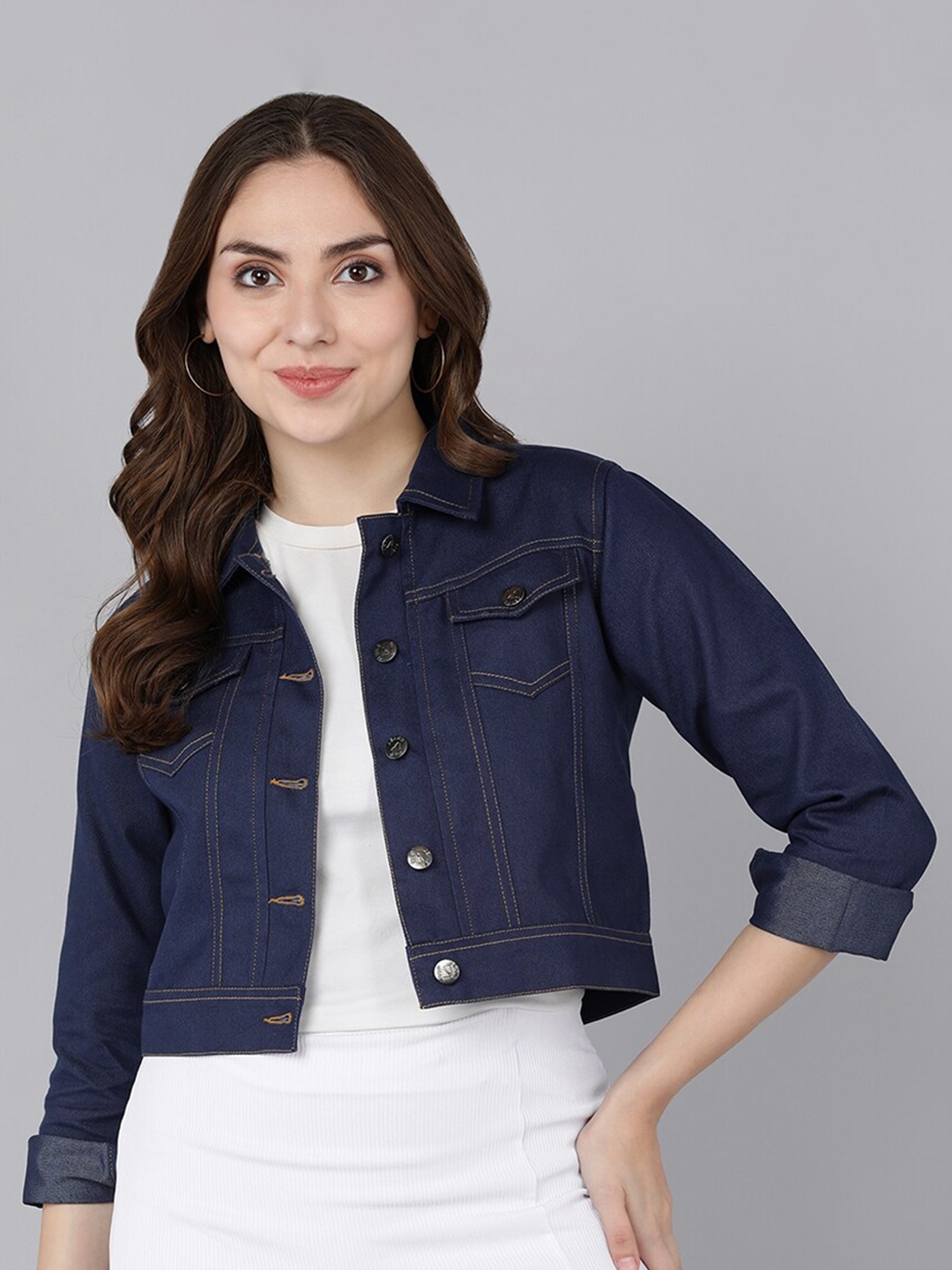 

MONTREZ Women Blue Crop Pure Cotton Denim Jacket