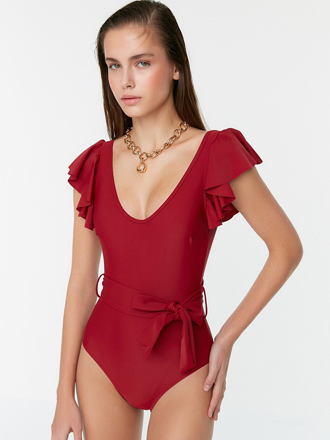 

Trendyol Women Burgundy Solid Bodysuit Swimwear
