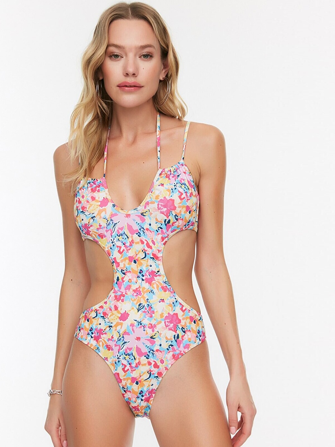 

Trendyol Women White & Pink Printed Swim Bodysuit