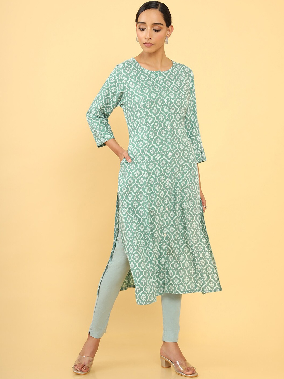 

Soch Women Blue Printed Viscose Rayon Round Neck Kurta