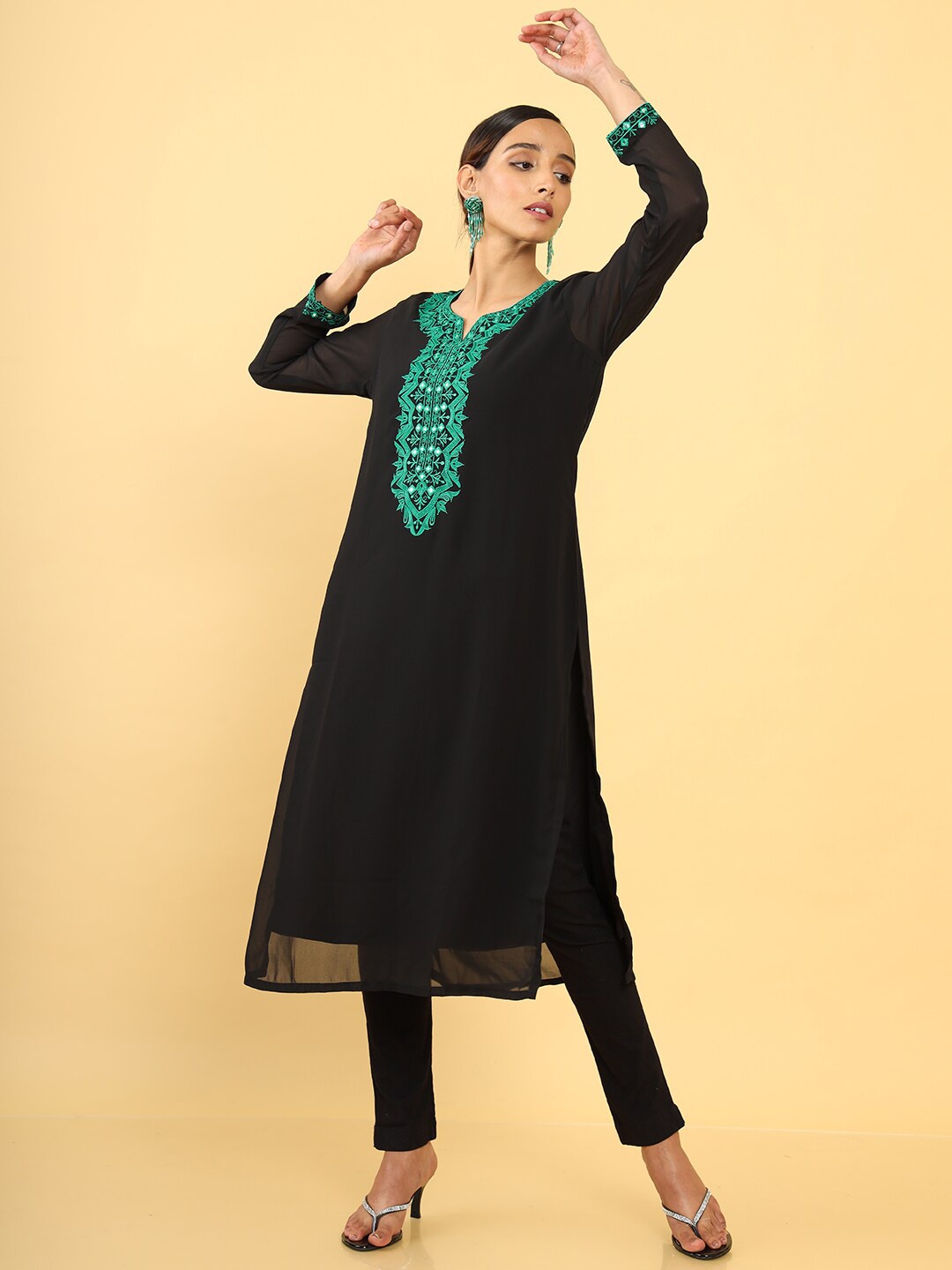 

Soch Women Black & Green Ethnic Motifs Yoke Design Mirror Work Georgette Kurta