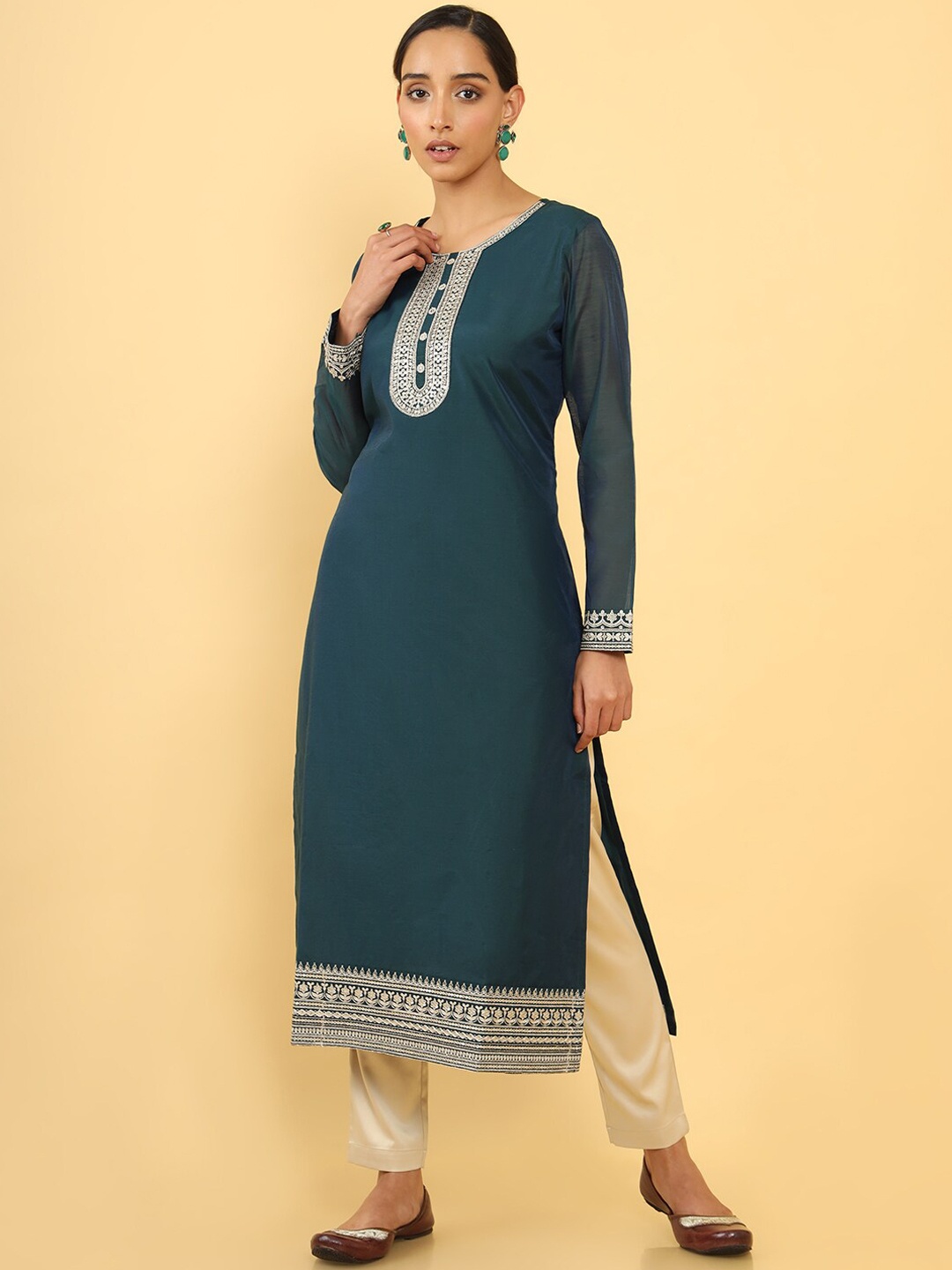 

Soch Women Green Ethnic Motifs Yoke Design Zardozi Kurta