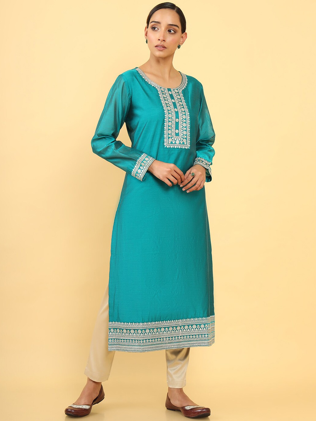 

Soch Women Turquoise Blue Floral Chanderi Cotton Embroidered Kurta