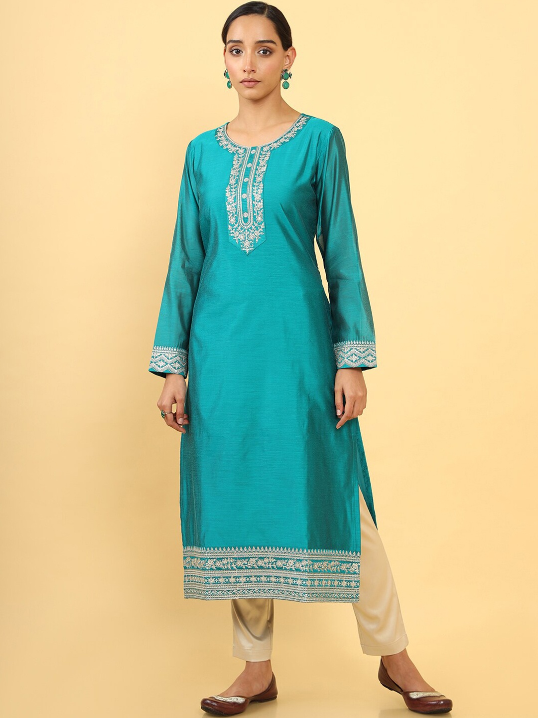 

Soch Women Turquoise Blue Paisley Yoke Design Thread Work Kurta