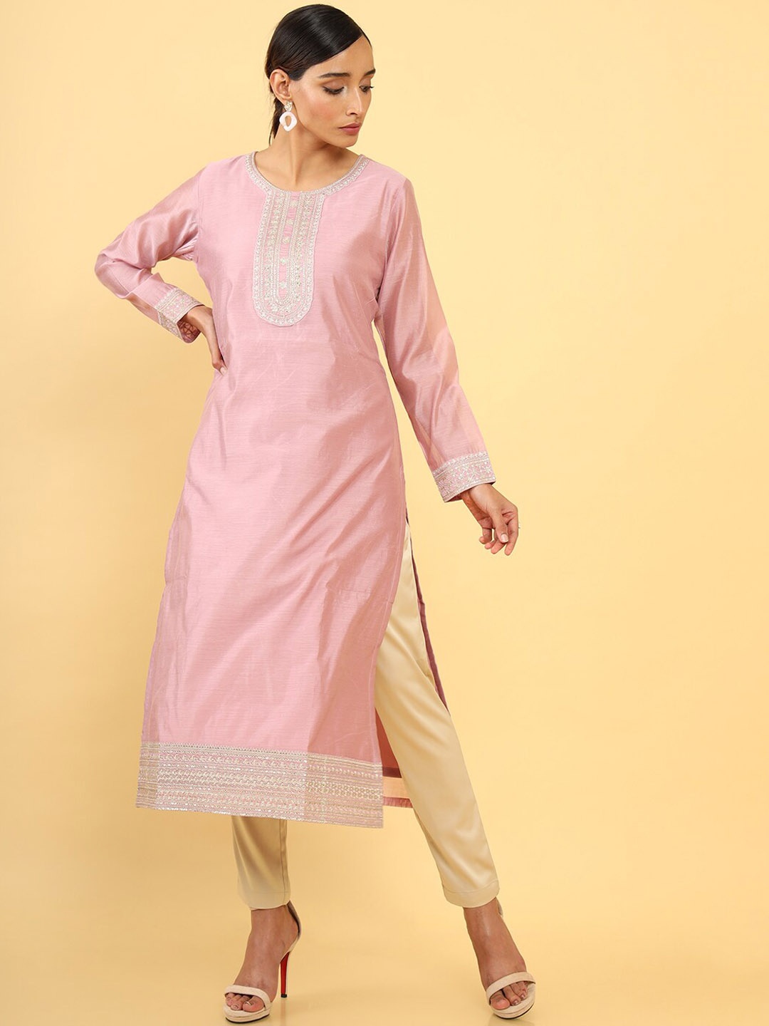 

Soch Women Pink Chanderi Cotton Embroidered Kurta