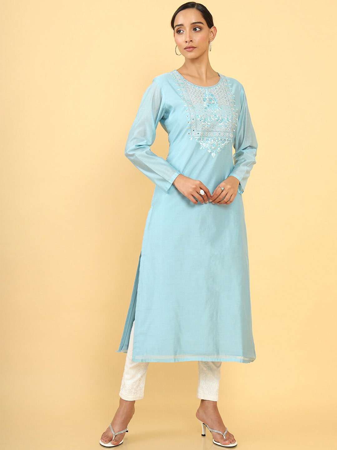 

Soch Women Blue & White Yoke Design Thread Work Kurta