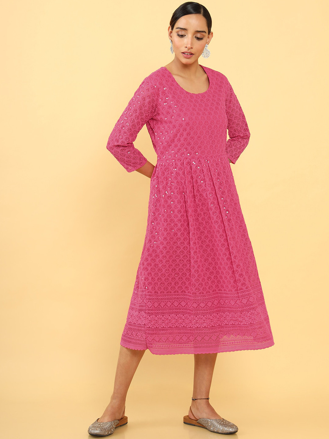 

Soch Fuchsia Women Midi Thread Work Sequined Dress