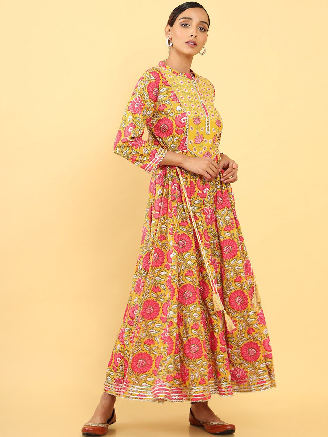 

Soch Women Mustard Yellow & Red Floral Printed Anarkali Kurta