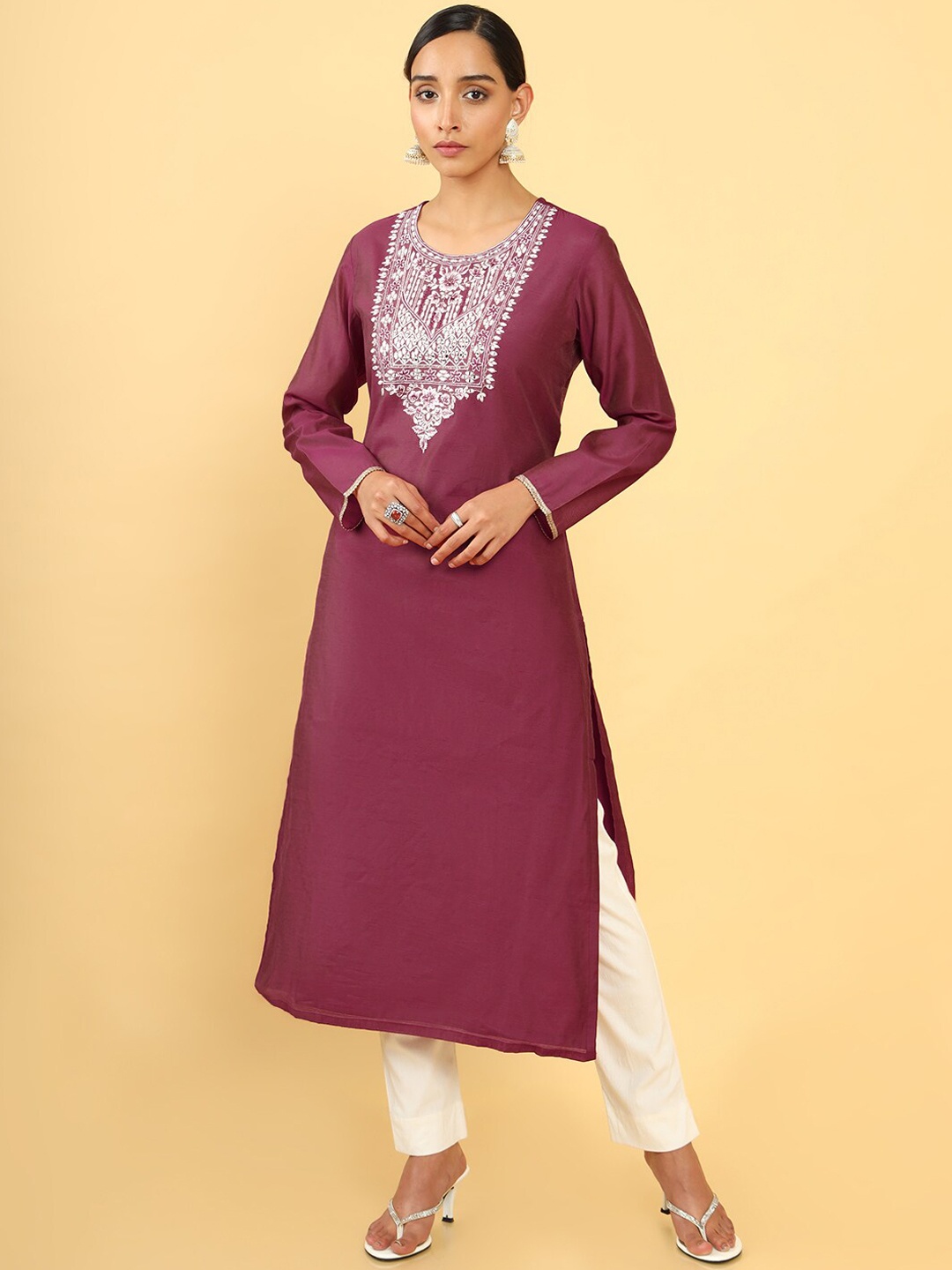 

Soch Women Fuchsia Chanderi Cotton Yoke Design Thread Work Kurta
