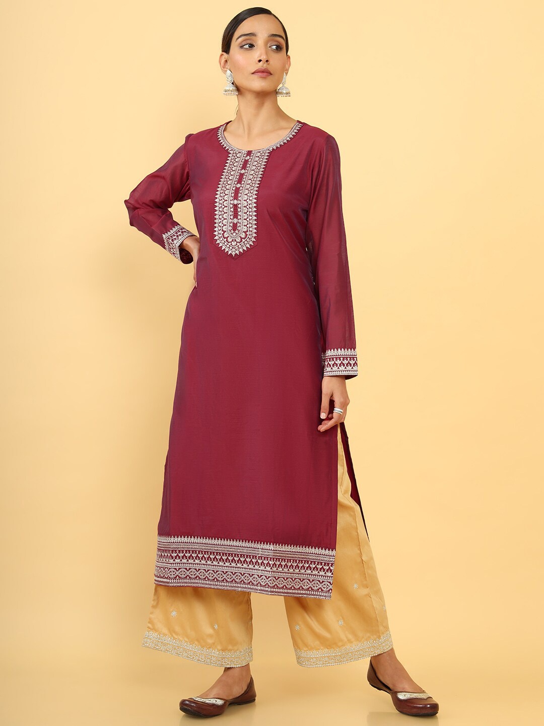 

Soch Women Maroon Ethnic Motifs Yoke Design Zardozi Kurta