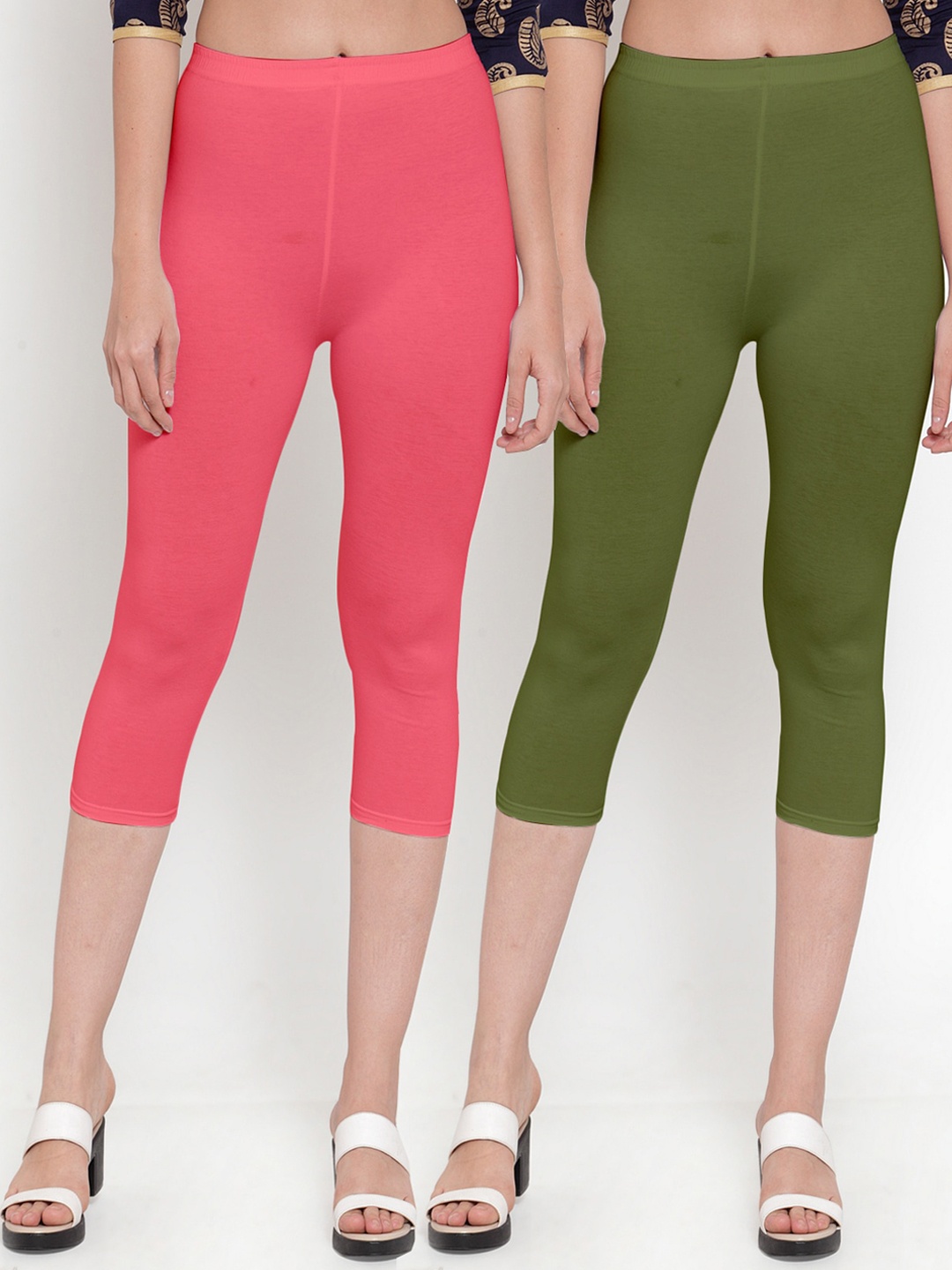 

Jinfo Women Set Of 2 Pink & Green Solid Cotton Capris