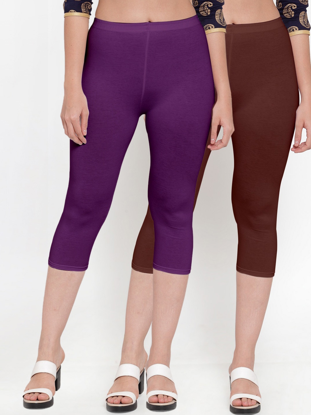 

Jinfo Women Set Of 2 Purple & Brown Solid Cotton Capris