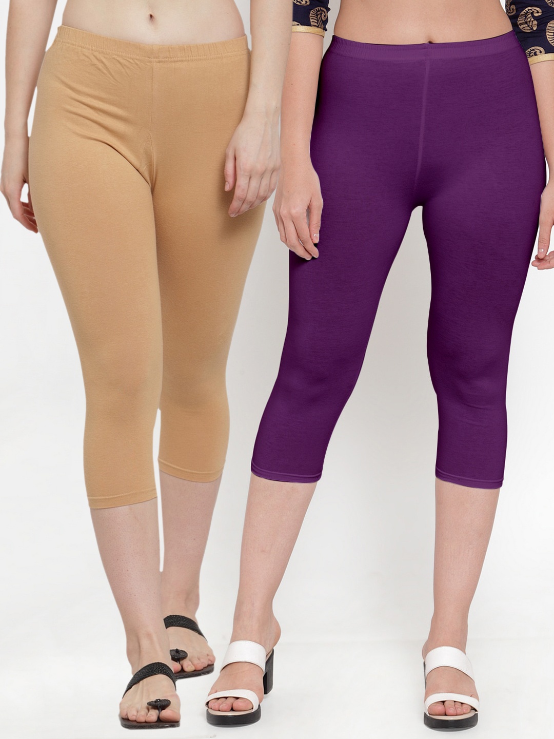 

Jinfo Women Beige & Purple Cotton Slim Fit Capris