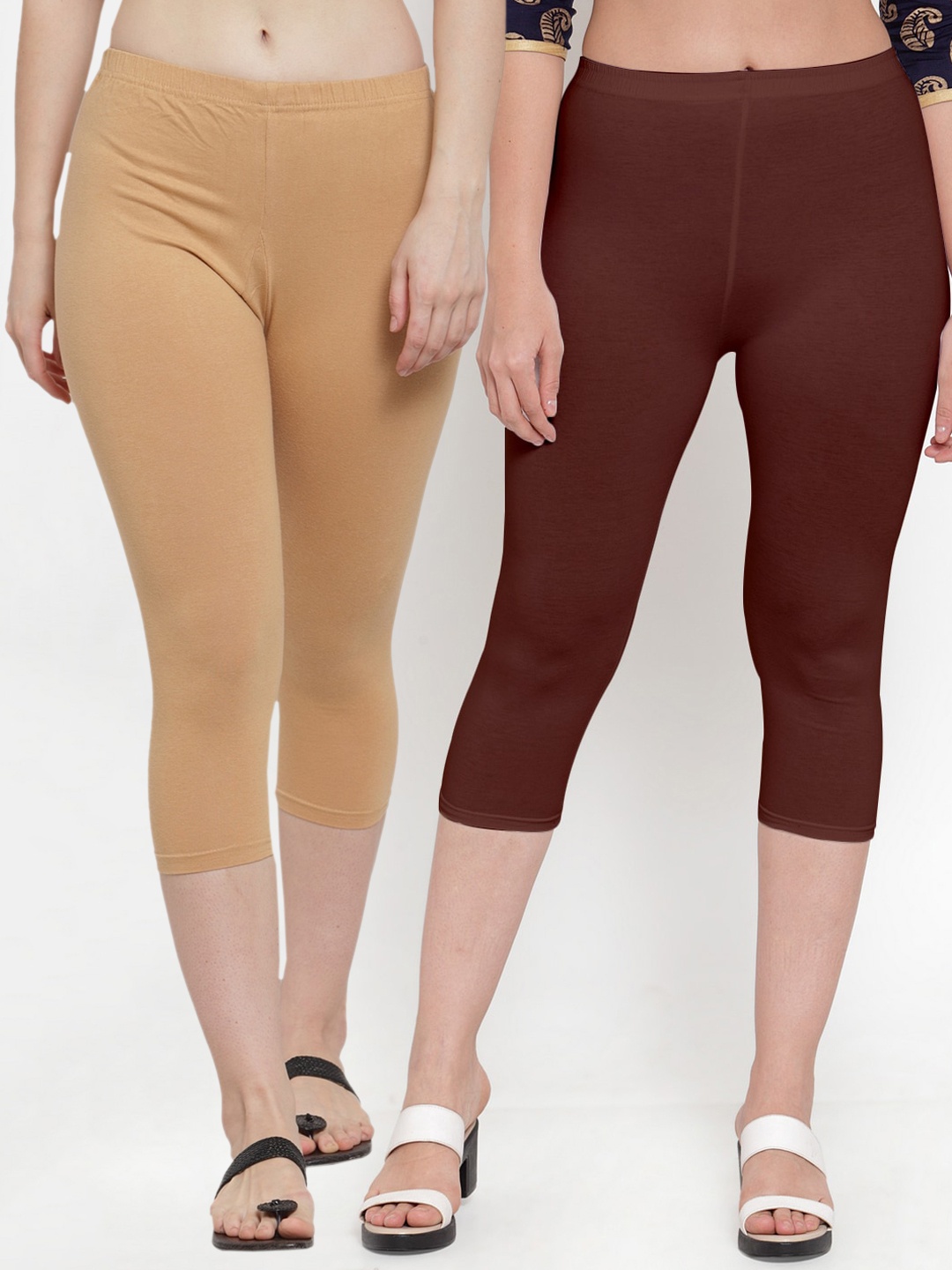 

Jinfo Pack of 2 Women Beige & Maroon Solid Cotton Capris