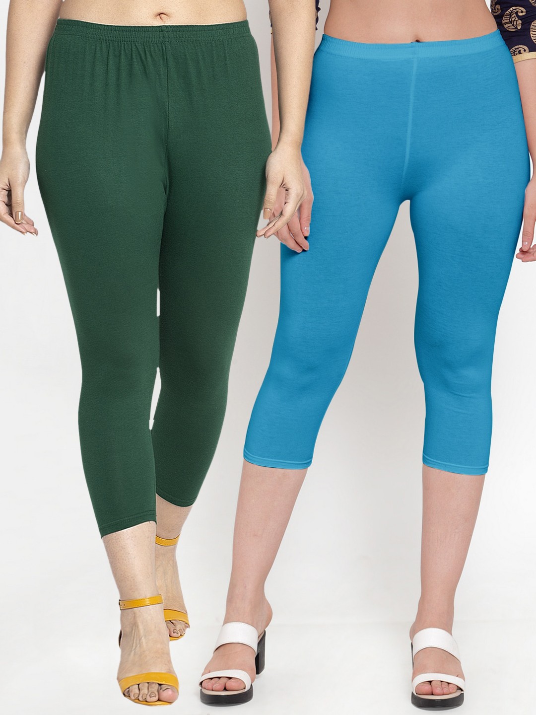 

Jinfo Women Pack Of 2 Green & Blue Cotton Capris