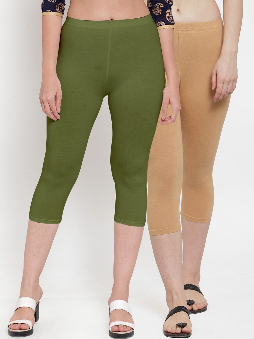 

Jinfo Pack of 2 Women Beige & Green Solid Cotton Capris