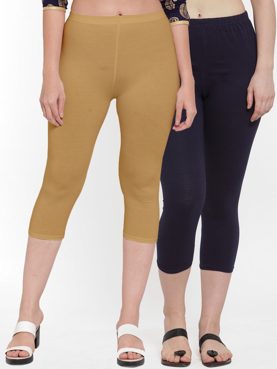 

Jinfo Women Pack of 2 Navy Blue & Beige Capris