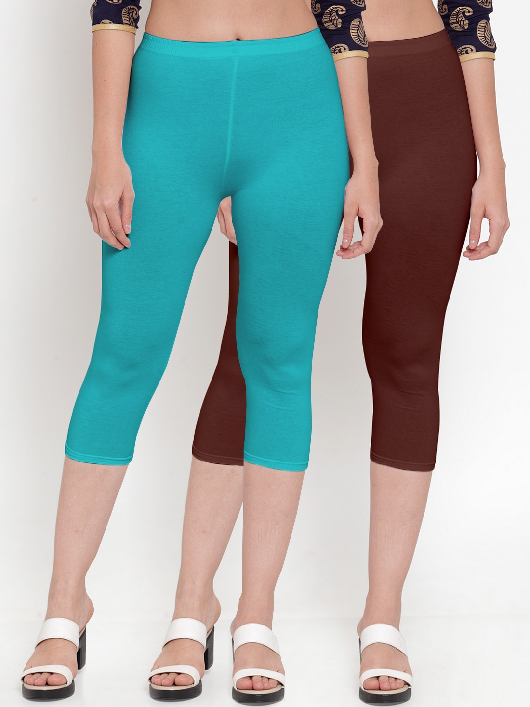 

Jinfo Women Pack Of 2 Brown & Blue Capris