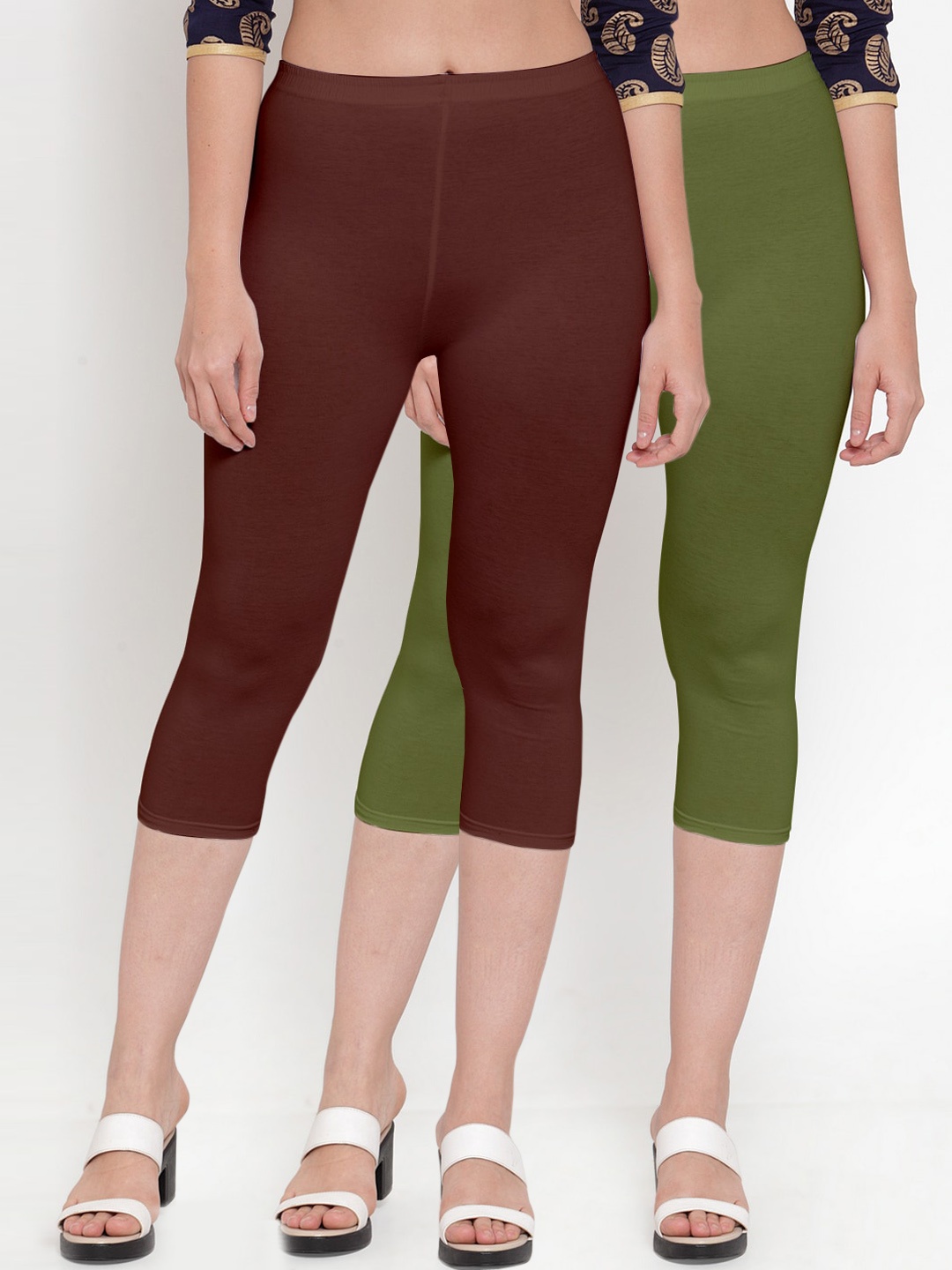 

Jinfo Women Brown & Green Set Of 2 Cotton Slim Fit Capris