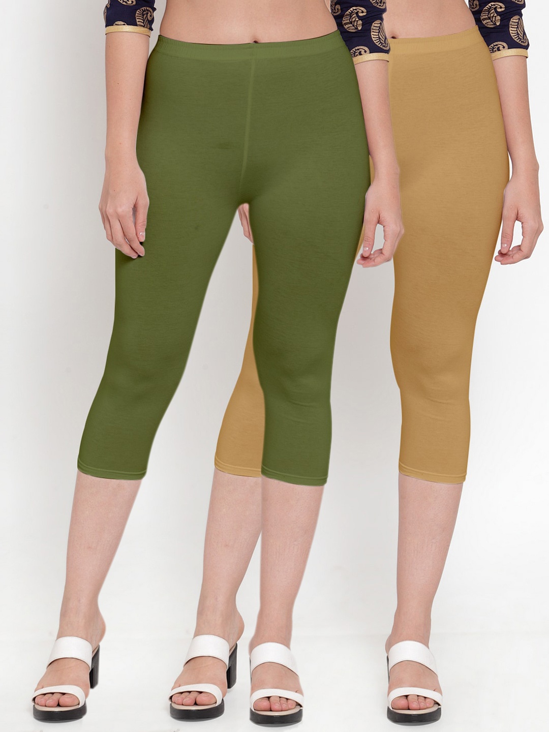 

Jinfo Women Pack of 2 Beige & Olive Green Capris