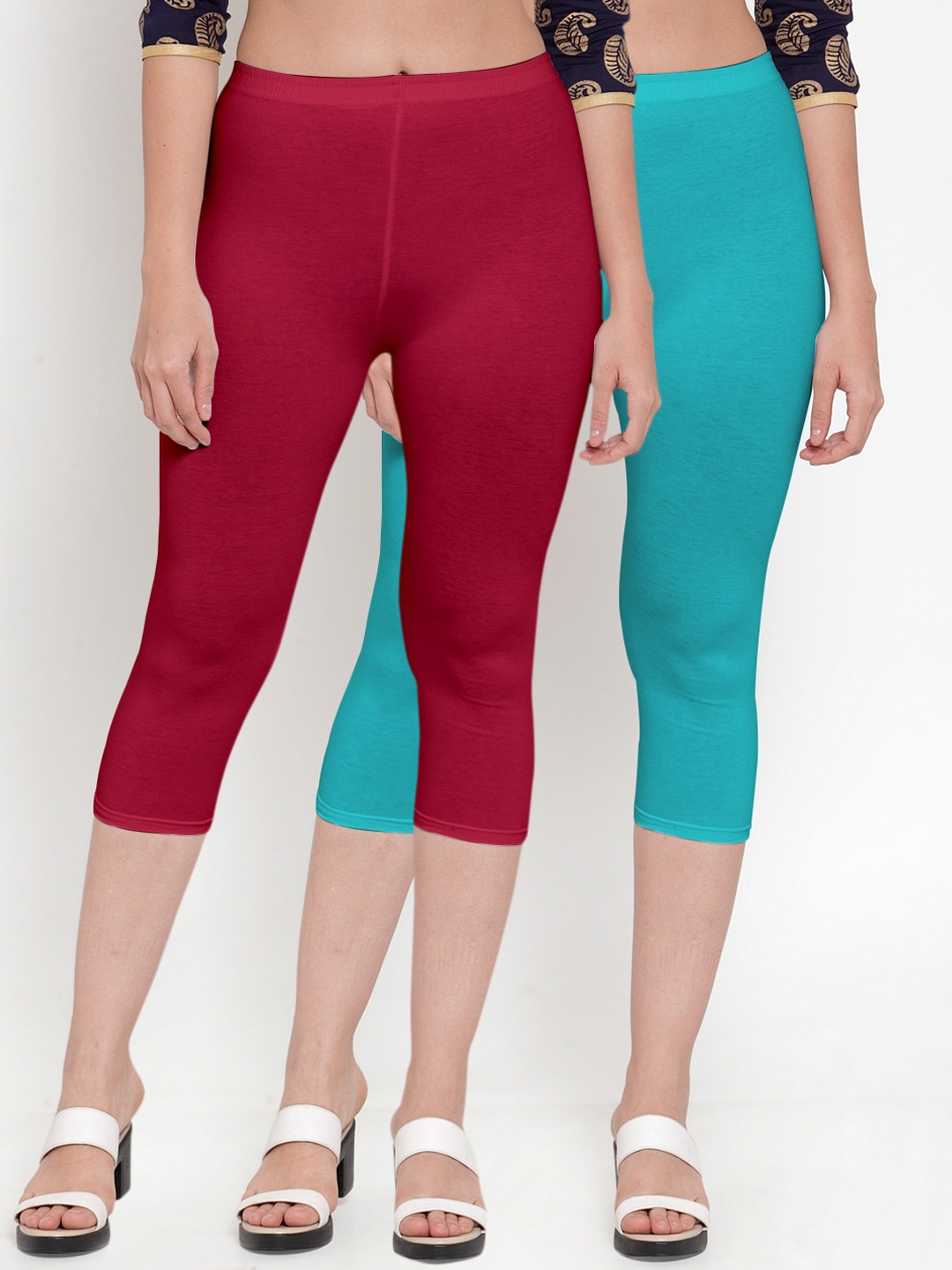 

Jinfo Women Pack Of 2 Maroon And Aqua Cotton Lycra Capris