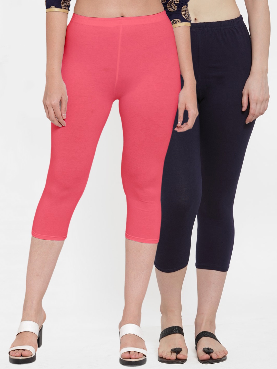 

Jinfo Women Pack Of 2 Navy Blue & Pink Solid Capris