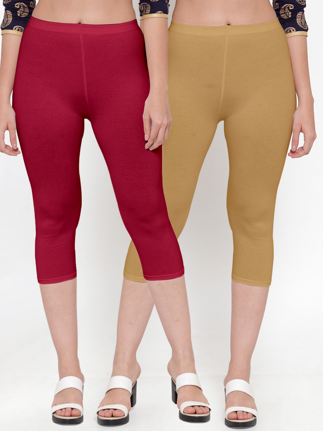

Jinfo Women Maroon Maroon & Nude Pack Of 2 Cotton Lycra Capris