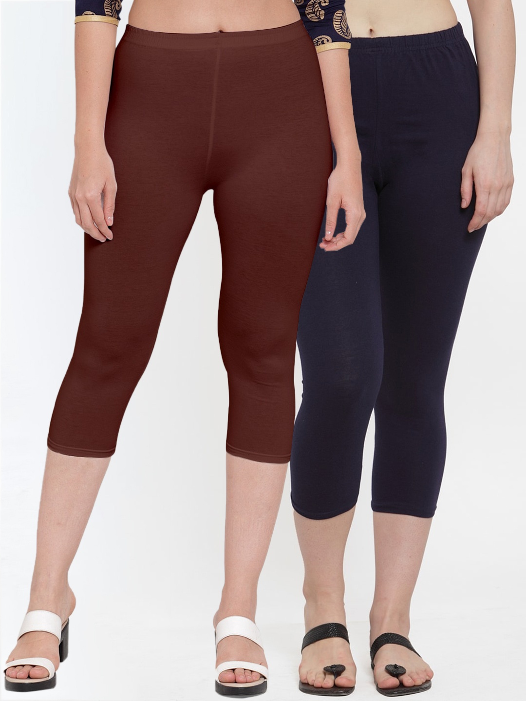 

Jinfo Women Navy Blue & Brown Set Of 2 Solid Slim Fit Capris