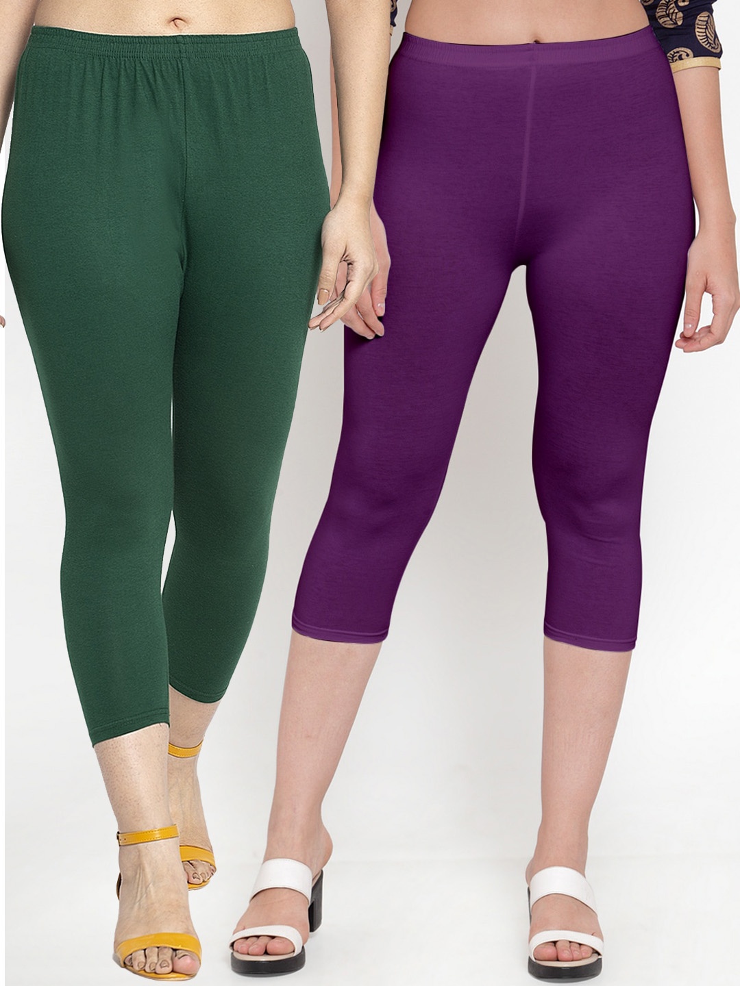 

Jinfo Women Green & Purple Set Of 2 Solid Slim Fit Capris